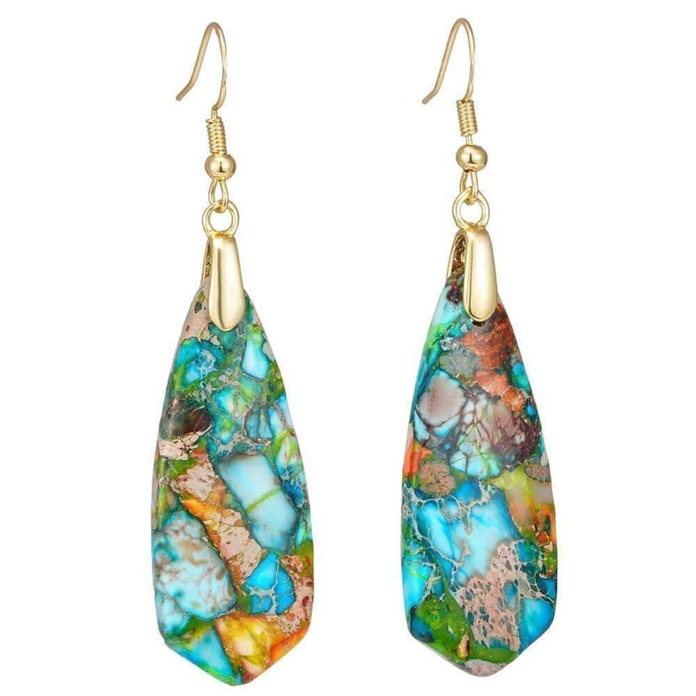 18K Yellow Gold with Natural Imperial Blue Orange Jasper Stone Hook Earrings